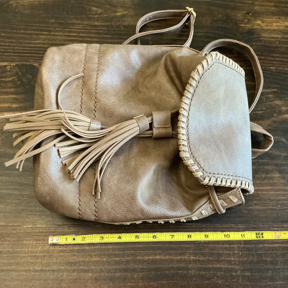 Brown Faux Leather Mini Backpack Tassel Whipstitch Boho Drawstring Bag